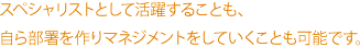 スペシャリストとして活躍することも、自ら部署を作りマネジメントをしていくことも可能です。。
